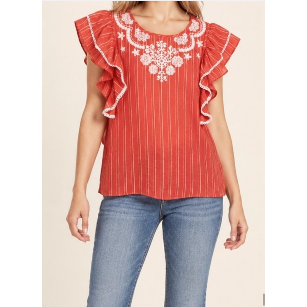 THML Embroidered Ruffle Blouse Women's M Boho Chic
